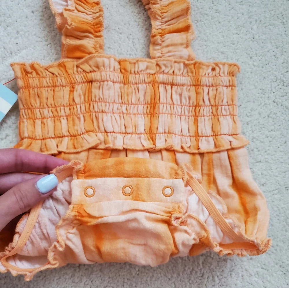 NWT Cat & Jack Baby Girls' Tie-dye Orange Smocked Gauze Jumpsuit Romper sz0-3m